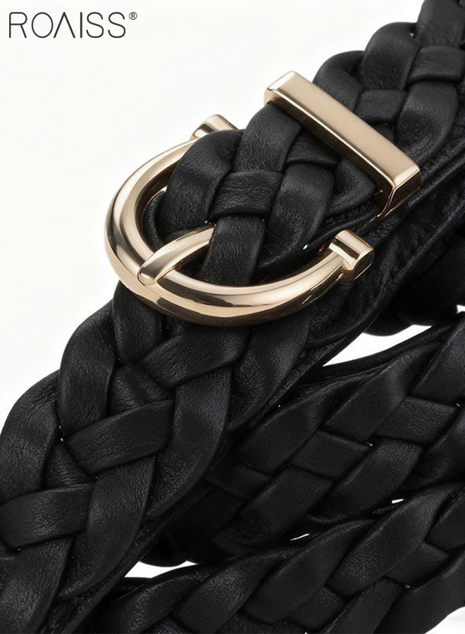 roaiss 2 Pcs Black Woven Belts for Women, Stylish Waxed Rope Woven Thin Belts, and Vintage Leather Woven Belts Non-Perforated Belt Suitable for Dresses, Shirts, and Jeans, Ideal for Daily Wear - Image 3